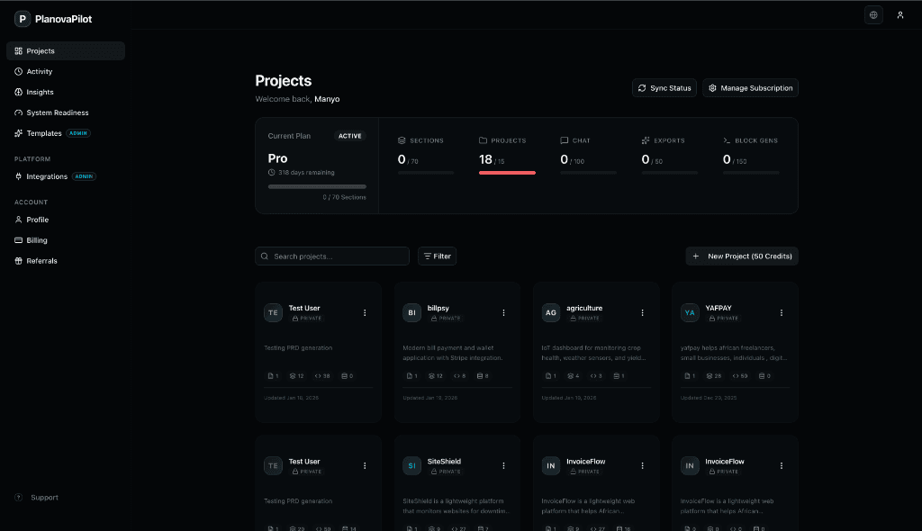 PlanovaPilot Dashboard with Project Architecture