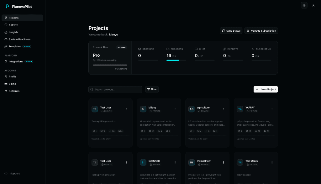 PlanovaPilot Dashboard with Project Architecture